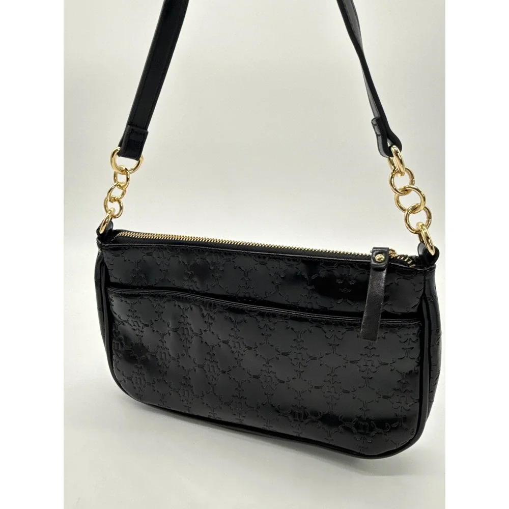 Nanette Lepore Black Embossed Logo Shoulder Bag Gold Chain Baguette Purse
